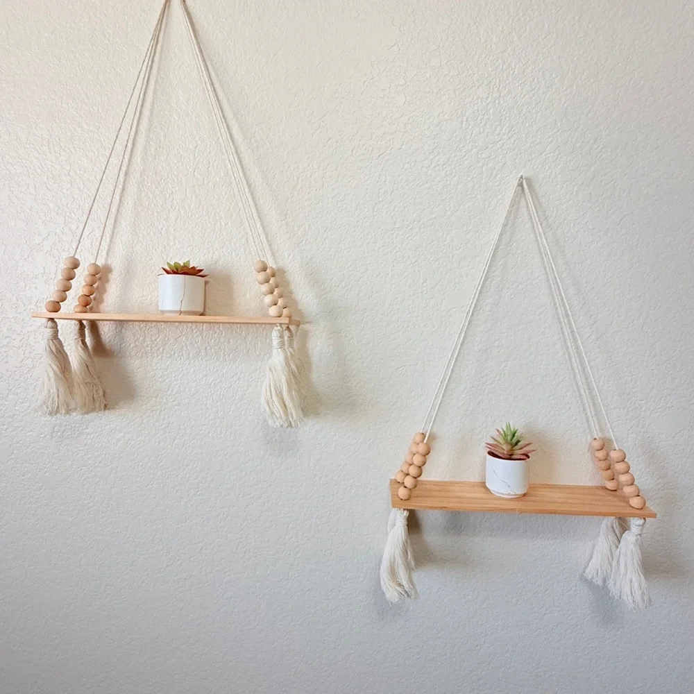 Black Natural Wood Hanging Wall Shelves with Tassels set (2)